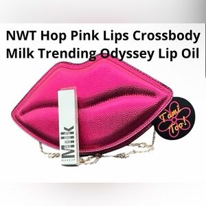 Novelty Hot Pink Lips NWT Crossbody Bag Gold  & Milk Odessa Lip Oil Gloss NIB